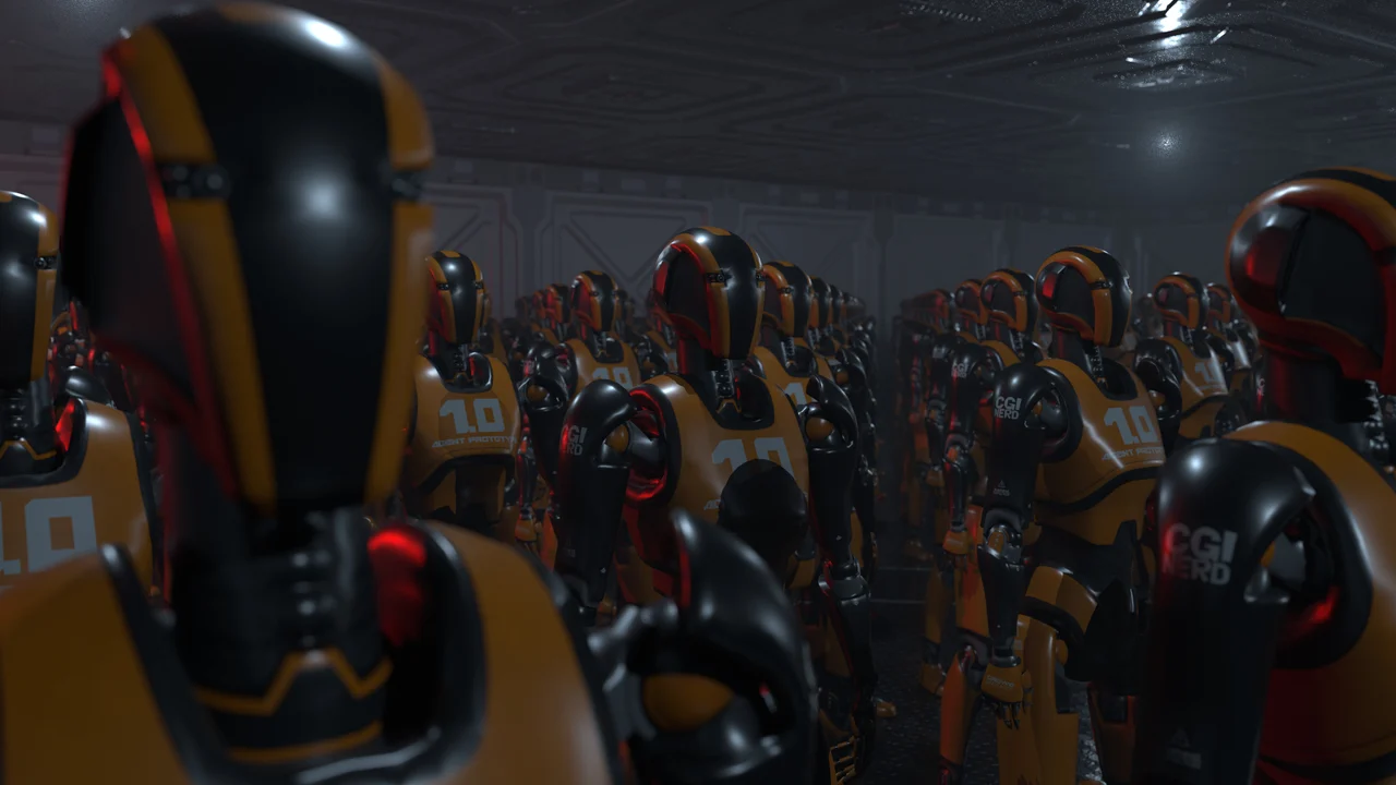 Ranks of orange and charcoal robot agents in CGI Nerd’s procedural crowd formation artwork.